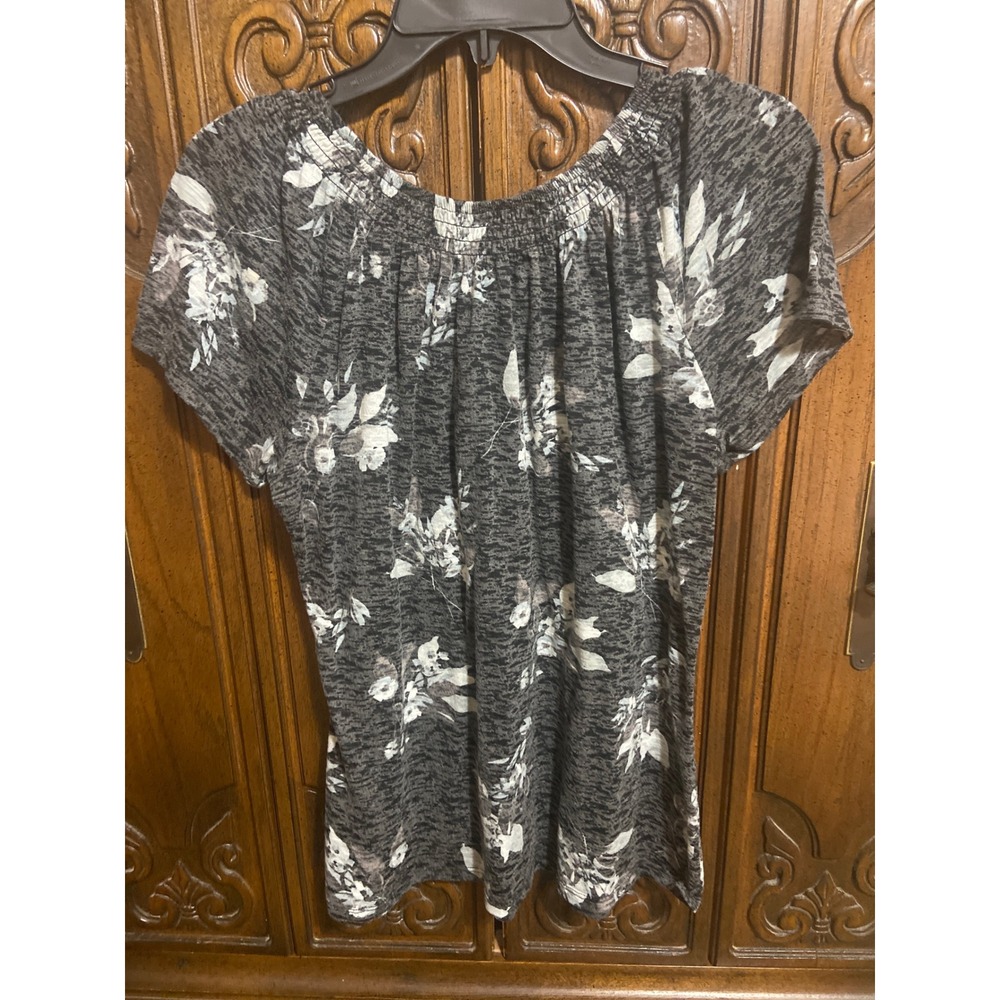 Como Vintage Womens XL Floral Smocked Neck Blouse Grey Space Dye Top - Picture 4 of 4